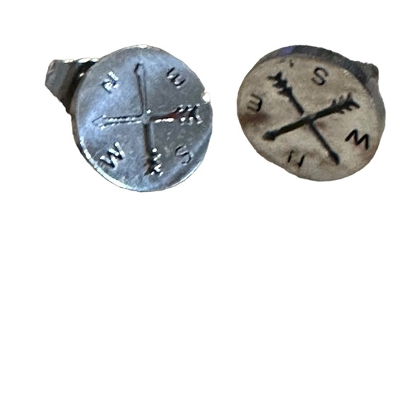 Stainless Steel Silver Round Compass Stud Earrings - Picture 3 of 4